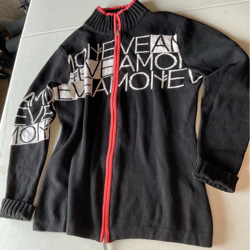 Neve women’s Black and Red Zip-Up Sweater size large wool blend